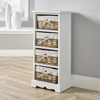Image of Home Source Bedroom Wooden Storage Unit, Woven Willow Wicker Baskets, 4 Drawer Cabinet Chest, White