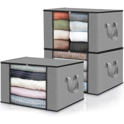 Image of edihome, Clothes Storage Bag, (3 pieces), Wardrobe Organiser, with Reinforced Handles, Heavy Duty Cloth Pouches Transparent Window (Light gray, Pack of 3)