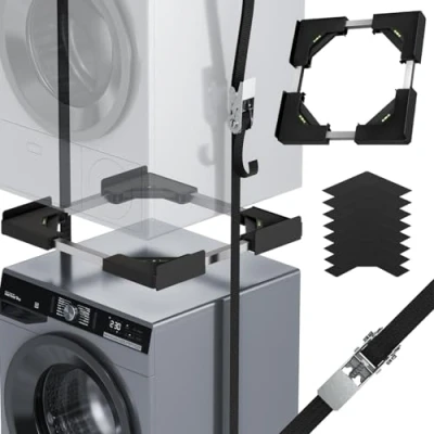 Image of JHCHU Washer Dryer Stacking Kit, Universal Kit for and Dryer, Adjustable Frame 45 68cm Stackable with Ratchet Strap (Black)