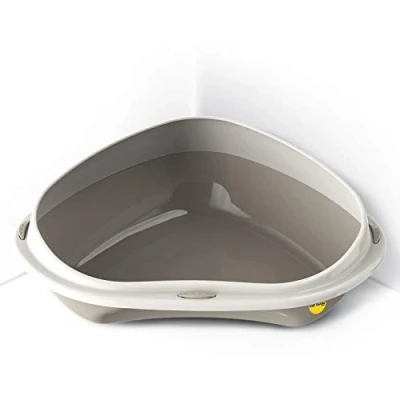Image of Cat CENTRE Grey Jumbo Corner Open Litter Tray With Rim Kitten Pet Toilet Plastic Loo Pan Box Anti Spillage Lowered Entry Step Rounded Corners Detachable Easy Cleaning No Spilling