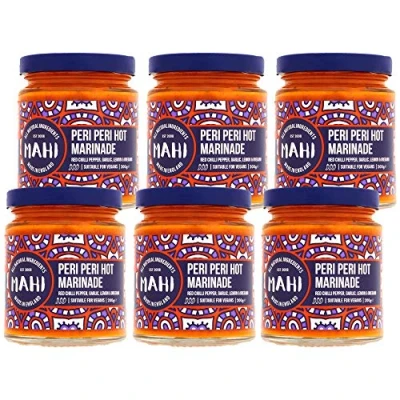 Image of MAHI Peri Hot Marinade Sauce Pack of 6 Medium Spicy Chilli Heat, Perfect for BBQs &amp; Every Day, Gluten Free (GF) Vegan Sauce, (6 x 200g Jars)