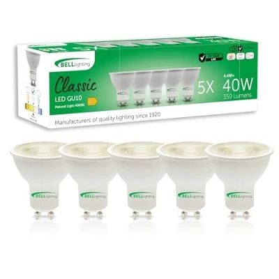 Image of Bell Lighting GU10 LED Bulb 5 Pack Cool White 4000K 350 Lumen 4.4 Watts Energy Saving Light Bulbs 50W Halogen Spotlight Equivalent 38 Wide Beam Non Dimmable