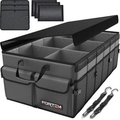 Image of FORTEM Car Boot Organiser, Storage Accessories, Collapsible Multi Compartment Tidy, Non Slip Bottom, Adjustable Securing Straps (Grey, X Large)