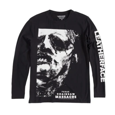 Image of Rock Off The Texas Chainsaw Massacre &#039;Leather Face&#039; Unisex Long Sleeve Shirt (UK, Alpha, L, Regular, Black)