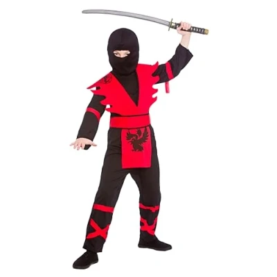 Image of Wicked Costumes Boys Ninja Assassin Black/Red Fancy Dress Costume Large (8 10 Years)