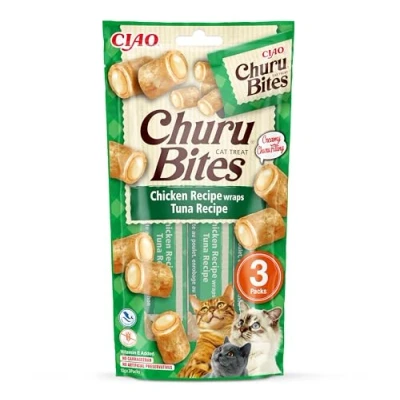 Image of Ciao Churu Bites by INABA Cat Treat Chicken &amp; Tuna Flavour (3 x 10g) / Crispy Pouches with Creamy Filling Treat, Delicious Healthy Snack for Cats, Hand Feeding, Natural, Grain Free