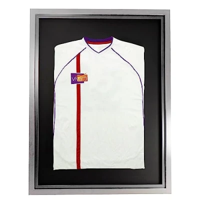 Image of Vivarti DIY Junior Standard Sports Shirt Display Frame for Football Shirt, Rugby Band T Shadow Box (50 x 70cm Silver Frame, Inner Black Backing Card)