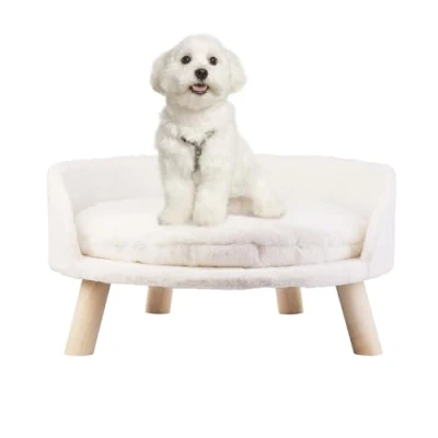Image of BingoPaw Cat Sofa Chair Bed: Elevated Nordic Pet Stool Bed with Removable Waterproof Mat Raised Plush Fur Dog Kitten Couch Wooden Legs Frame (Dia 60cm)