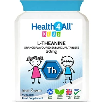 Image of Health4All Kids L Theanine 50mg 90 Tablets. Focus for Children. Supports Attention &amp; Concentration. Natural Orange Flavour Chewable Theanine. Vegan