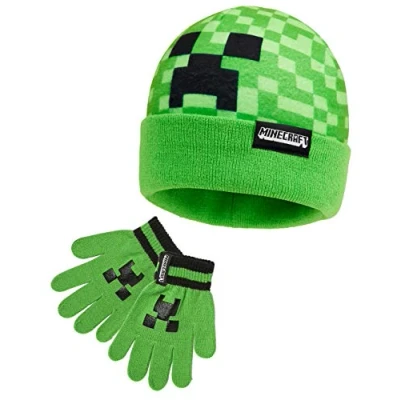 Image of Minecraft Beanie Hat or and Kids Gloves Set Creeper Winter Warm Gaming Gifts for Boys (Green 2 Piece Set)