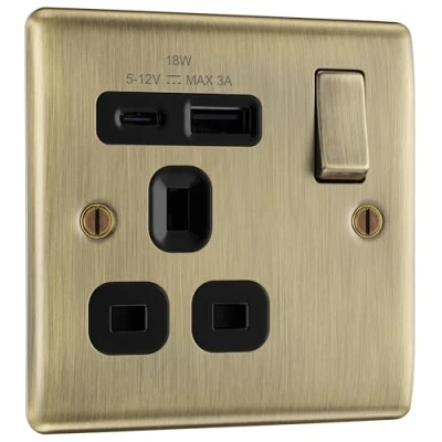 Image of BG Electrical Single Switched Power Plug Wall Socket with Type A USB and C Charging Ports, Fast Charge, Raised Slim Profile, Round Edges, Nexus Metal, Antique Brass, 13A 18W, NAB21UAC18B