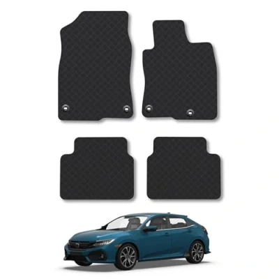 Image of Rubber Car Mats Compatible with Honda Civic (2017 2022) Tailored Fit Floor Set Accessory Black Custom 4 Pieces Clips Anti Slip Backing, Heavy Duty &amp; Waterproof