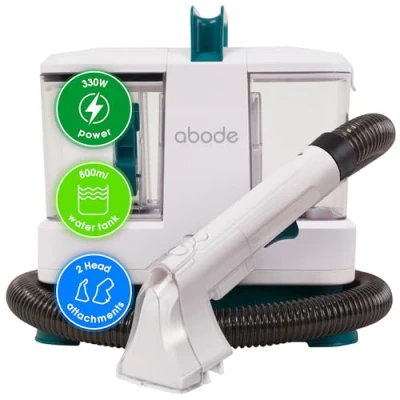 Image of Abode Compact &amp; Lightweight Spot Cleaner Carpet Washer 800ml Water Tank Stain Remover, Cleans Spills from Carpets, Stairs, Upholstery Car Seats, 330W Power, 2x Attachments, White/Blue ASC24C