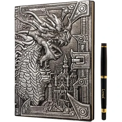 Image of DND Notebook/Journal, Unique 200 Page Book with 3D Silver Dragon Embossed Faux Leather Cover Pen Ideal for Dungeons &amp; Dragons/D&amp;D. Great RPG Accessories Gift DM&#039;s Players, Men or Women