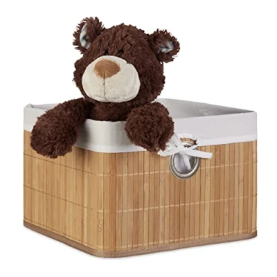 Image of Relaxdays Bamboo Storage Basket 20 x 31 cm Shelf with Removable Cover Decorative Box Handles, Natural Brown
