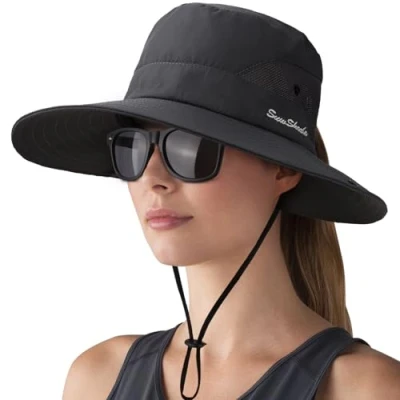 Image of DRESHOW Women Sun Hat Outdoor UV Protection Foldable Mesh Wide Brim Fishing Ponytail Beach Bucket Hats with Eyeglasses