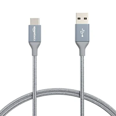 Image of Amazon Basics USB C to A 2.0 Fast Charger Cable, Nylon Braided Cord, 480Mbps Speed, IF Certified, for Apple iPhone 15, iPad, Samsung Galaxy, Tablets, Laptops, 0.9 m, Dark Gray