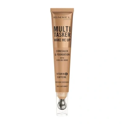 Image of Rimmel Multi Tasker Wake Me Up Foundation &amp; Concealer 060 Light Honey, Depuffs Brightens Dark Circles, Metallic Cooling Applicator, Caffeine Victamin C, 2% Niacinamide, Vegan, Cruelty free