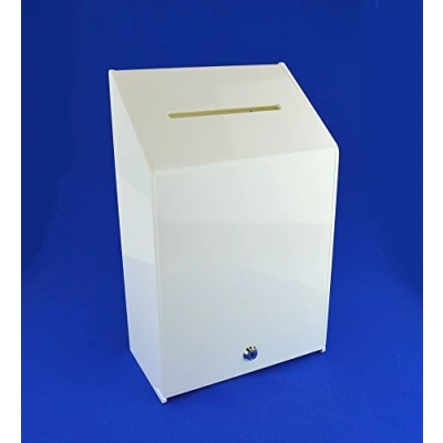 Image of POS Display Shop Lockable White Acrylic Ballot Box/Collection Box/Comments Box/Feedback Box/Suggestion Box 400mm H PDS9463 X 100% Recyclable!