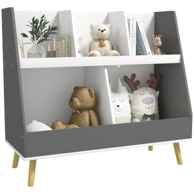 Image of HOMCOM Kids Storage Shelf, 2 Tier Book Shelf with 5 Compartments, Anti Tip Device, Pine Wood Legs, for Nursery, Playroom, Classroom Grey