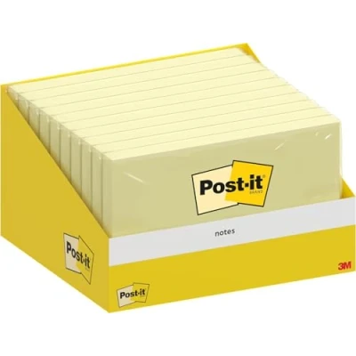 Image of Post it Notes, Canary Yellow, Pack of 10 Pads, 100 Sheets per Pad, 76 mm x 127 mm, Cardboard Pack, 100% PEFC Self stick Notes For Note Taking, To Do Lists &amp; Reminders