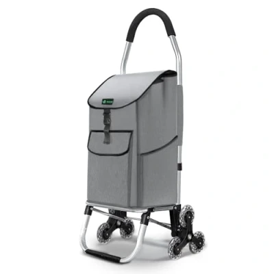 Image of VOUNOT Folding Shopping Trolley on 6 Wheels, Aluminium Lightweight Cart with Insulated Cooling Bag, Stair Climbing Grocery Trolley, 55L Grey