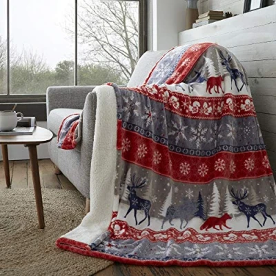 Image of Happy Linen Company Nordic Scandi Hygge Winter Warm Red Large Faux Fur Sherpa Fleece Throw