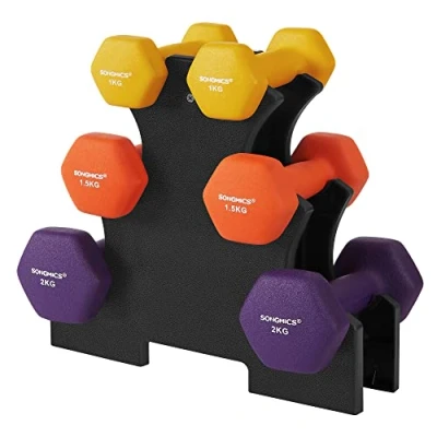 Image of SONGMICS Hex Dumbbells Set with Stand, 2 x 1 kg, 1.5 Hand Weights Neoprene Matte Finish, for Home Exercise, Yellow, Orange, and Purple SYL69BK