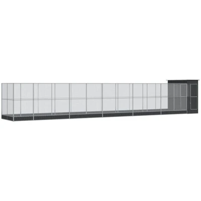 Image of vidaXL Aviary with Extension Walk In Chicken Run Coop/Bird Cage, Galvanized Steel Mesh Grids, Lockable Door, Silver Anthracite, 1244 x 203 216 cm
