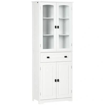 Image of HOMCOM Kitchen Cupboard, Freestanding Storage Cabinet with 2 Adjustable Shelves, Drawer and Glass Door for Living Room, Dining 160cm, White