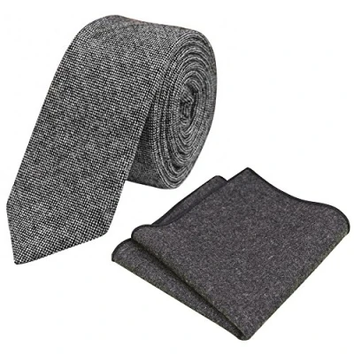 Image of DB Dickie Bow Men&#039;s Luxury Wool Skinny Neck Tie &amp; Pocket Square Set (Charcoal Grey) suitable for formalwear, office, weddings, parties, grooms groomsmen outfits
