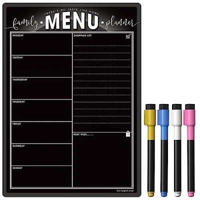 Image of The Magnet Shop Weekly Family Menu Planner A4 Dry Erase Meal Planner, Whiteboard and Shopping List for Your Home, Kitchen, Fridge with 4 Wipe Pens Eraser (Chalkboard Black, A3)