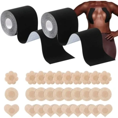 Image of HSAJS Body Tape Strapless Bra2 Rolls, Adhesive Sticky Bra with 15 Pairs Satin Petal Nipple Covers Push Up Invisible for A E Cups,Black