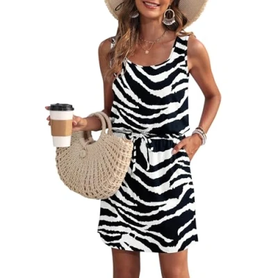 Image of WNEEDU Summer Dresses Women UK Darwstring Beach Emprie Waist Sundresses with Pockets Zebra Thick Stripes M