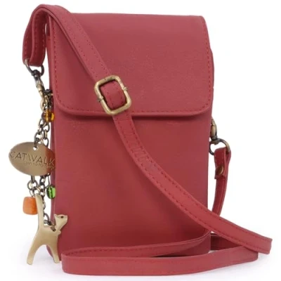 Image of Catwalk Collection Handbags Leather Phone Bag For Women Small Flapover Crossbody Adjustable Strap BILLIE Red