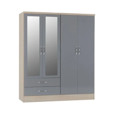 Image of Seconique Nevada 4 Door 2 Drawer Wardrobe in Grey Gloss/Light Oak Effect Veneer
