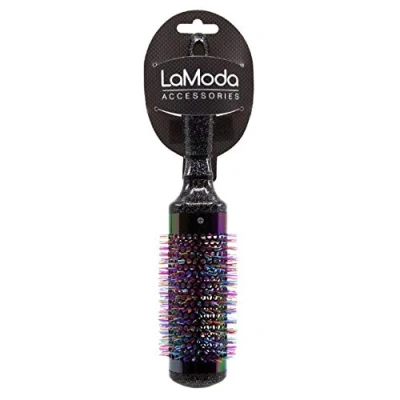 Image of LaModa Glitter Finish Handle Vented Heat Retainer Iridescent Metal Barrel Brush with Rainbow Bristles. Perfect For Blow Drying. Large