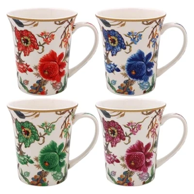 Image of Lesser &amp; Pavey Anthina Lovely Floral Design Ceramic Mug Set of 4 Coloured Mugs Orange, Blue, Green and Purple