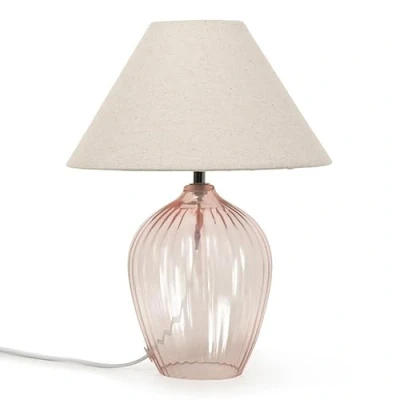 Image of Blush Pink Glass Base Table Lamp with Fabric Tapered Lampshade Living Room Bedroom Bedside Light