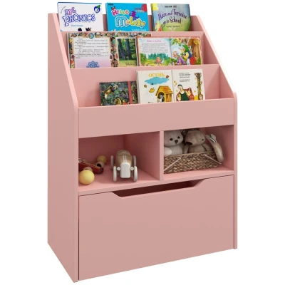 Image of HOMCOM Kids Bookshelf with Storage Drawer, Children&#039;s Bookcase Wheels, Toy Organiser for Bedroom, Playroom Pink