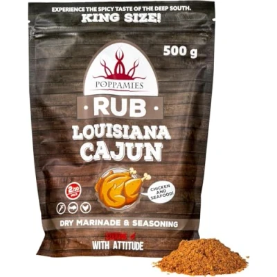 Image of Poppamies Louisiana Cajun BBQ Rub 100% Natural Seasoning Dry Marinade &amp; Spices. Especially Suitable for Chicken and Seafood Great in The Grill Oven Boiler Pan Large Pack (500g)