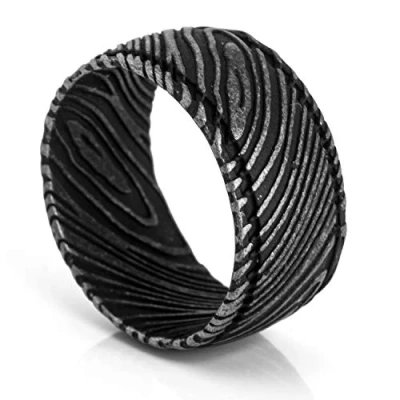 Image of Akitsune Orbis Ring Damascus Steel Womens Mens Stainless Antique Silver US 9