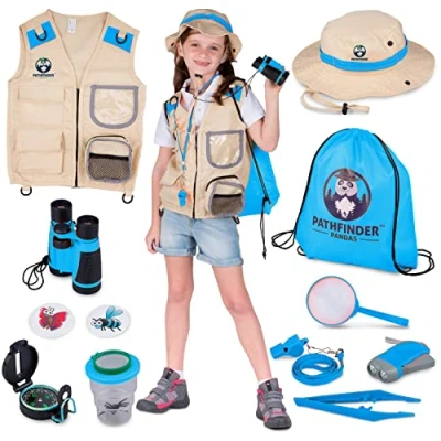 Image of Explorer Costume Kids with Safari Vest &amp; Hat Kit Bug Hunting Kits for Children Binoculars, Catcher Kids, Magnifying Glass Outdoor Toys 3+ Year Old Boys Girls