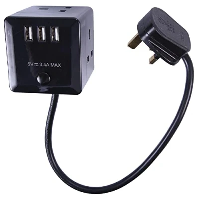 Image of PRO ELEC PELB1481 Cube Mains Extension Lead with USB Charging, 3 Gang, 1m, Black