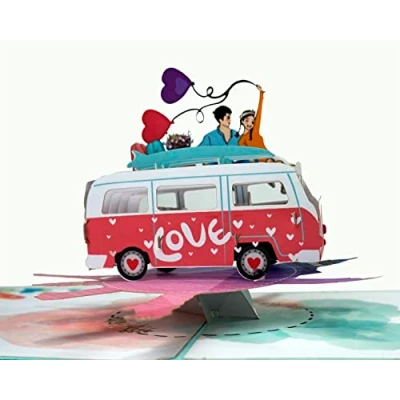 Image of Love Van couple travelling Pop Up 3D Card. Romantic valentines greeting card for Her,Girlfriend,Wife,Him,Boyfriend,Husband. 15cmx15cm