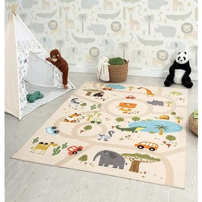 Image of the carpet Happy Life Play Carpet, Washable, for Bedroom, Suitable Children, with Street, Road, Jungle, Animal and Car Motifs, Beige, 100 x 200 cm