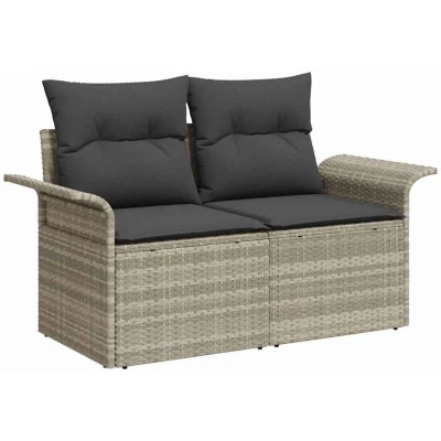 Image of vidaXL 2 Seater Garden Sofa with Storage &amp; Cushions Light Grey Poly Rattan