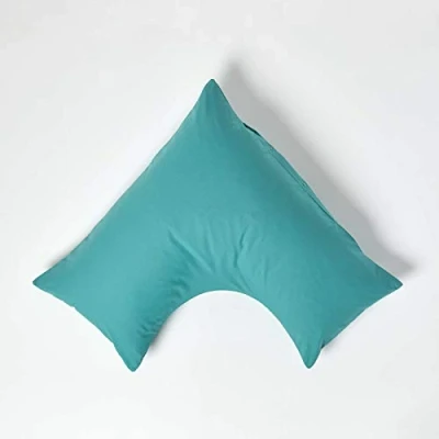Image of HOMESCAPES Teal Pure Egyptian Cotton V Shape Pillowcase 200 TC 400 Thread Count Percale Equivalent Pillow Case For Nursing Pregnancy and Elderly