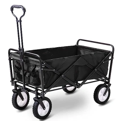 Image of Alivio Foldable Heavy Duty Garden Trolley Wagon Cart, UV Resistant Collapsible Wheelbarrow Black
