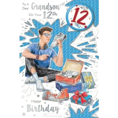 Image of Grandson 12th Birthday Card &amp; Badge Age 12 Boy with Trainers Silver Foil 9x6